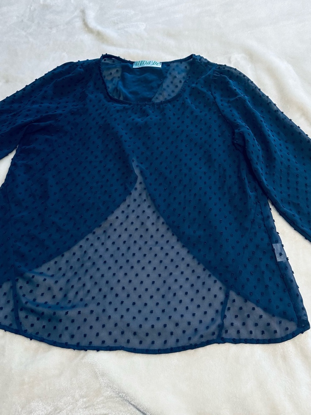 dina be Navy Sheer Swiss Dot Long Sleeve Blouse